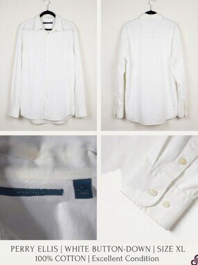 PERRY ELLIS | WHITE BUTTON-DOWN | SIZE XL 100% COTTON | Excellent Condition